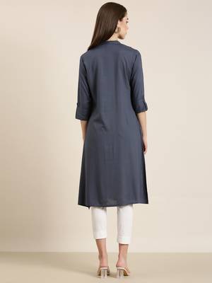 women's calf length mandarin collar grey solid a-line kurta 5
