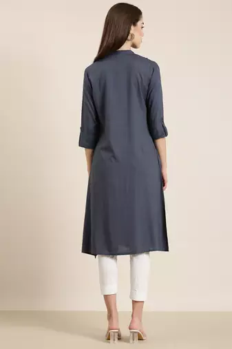 women's calf length mandarin collar grey solid a-line kurta