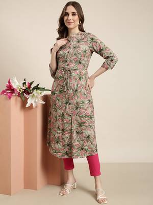 women's calf length mandarin collar green floral a-line kurta 1