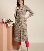 women's calf length mandarin collar green floral a-line kurta