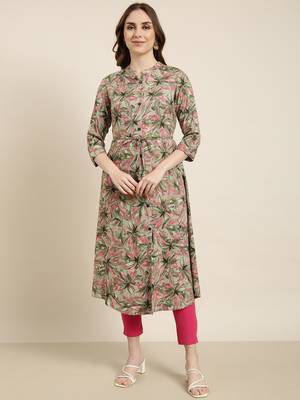 women's calf length mandarin collar green floral a-line kurta 2