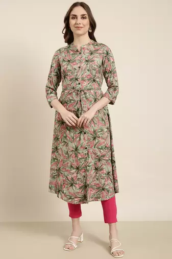 women's calf length mandarin collar green floral a-line kurta
