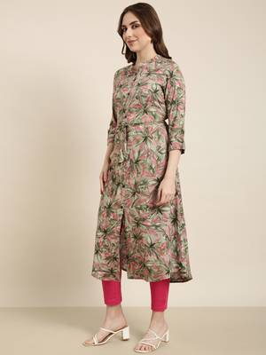 women's calf length mandarin collar green floral a-line kurta 3