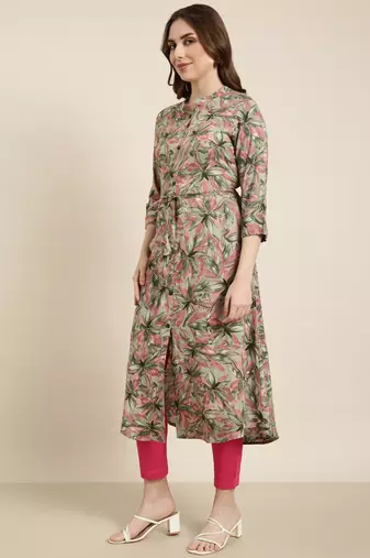 women's calf length mandarin collar green floral a-line kurta