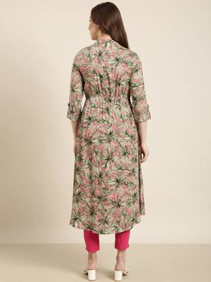 women's calf length mandarin collar green floral a-line kurta 4