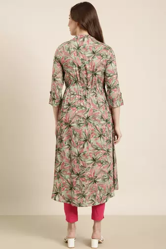 women's calf length mandarin collar green floral a-line kurta