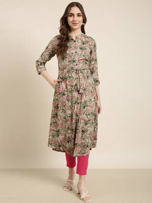women's calf length mandarin collar green floral a-line kurta 5