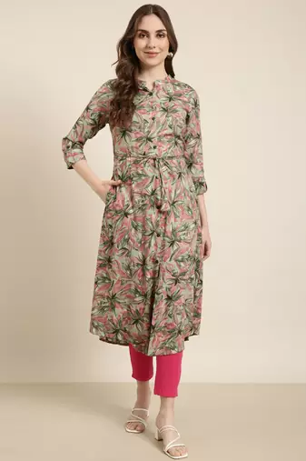 women's calf length mandarin collar green floral a-line kurta