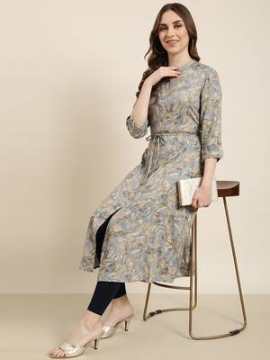 women's calf length mandarin collar grey floral a-line kurta 1
