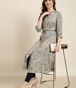 women's calf length mandarin collar grey floral a-line kurta