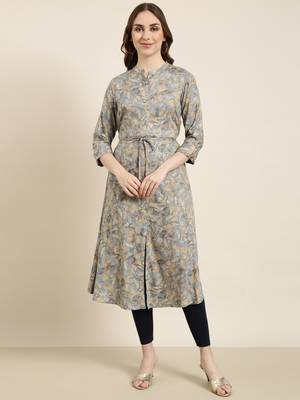 women's calf length mandarin collar grey floral a-line kurta 2