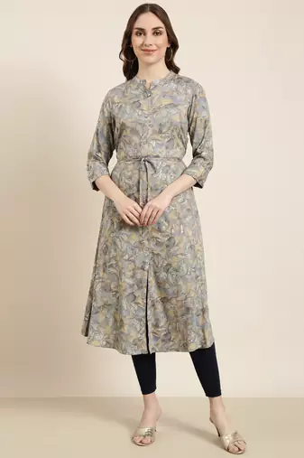 women's calf length mandarin collar grey floral a-line kurta