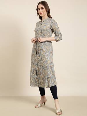 women's calf length mandarin collar grey floral a-line kurta 3