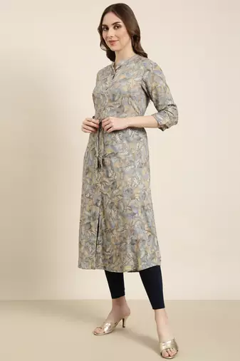 women's calf length mandarin collar grey floral a-line kurta