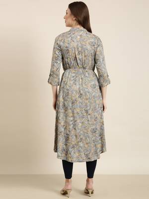 women's calf length mandarin collar grey floral a-line kurta 4