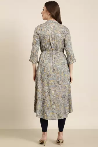 women's calf length mandarin collar grey floral a-line kurta