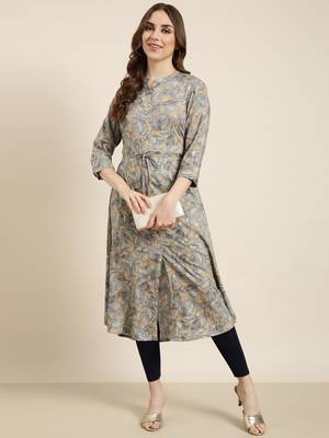 women's calf length mandarin collar grey floral a-line kurta 5