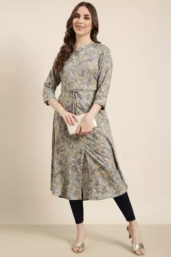 women's calf length mandarin collar grey floral a-line kurta