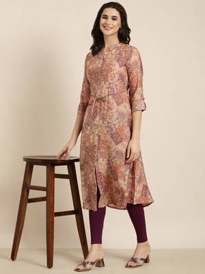 women's calf length mandarin collar peach floral a-line kurta 1