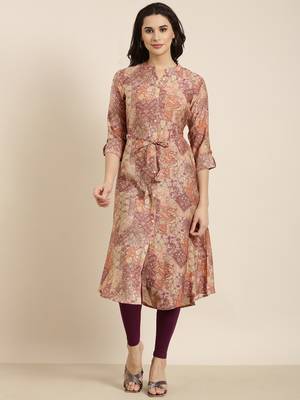 women's calf length mandarin collar peach floral a-line kurta 2