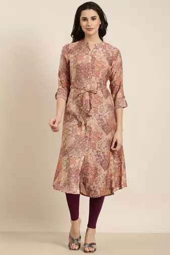 women's calf length mandarin collar peach floral a-line kurta