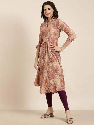 women's calf length mandarin collar peach floral a-line kurta 3