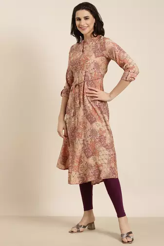 women's calf length mandarin collar peach floral a-line kurta