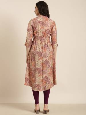 women's calf length mandarin collar peach floral a-line kurta 4