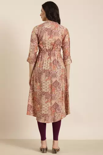 women's calf length mandarin collar peach floral a-line kurta
