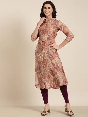 women's calf length mandarin collar peach floral a-line kurta 5