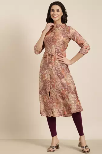 women's calf length mandarin collar peach floral a-line kurta