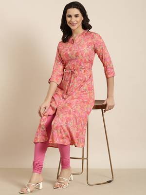 women's calf length mandarin collar pink floral a-line kurta 1