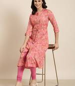 women's calf length mandarin collar pink floral a-line kurta