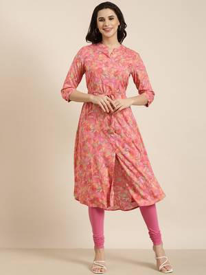 women's calf length mandarin collar pink floral a-line kurta 2