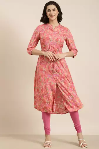 women's calf length mandarin collar pink floral a-line kurta
