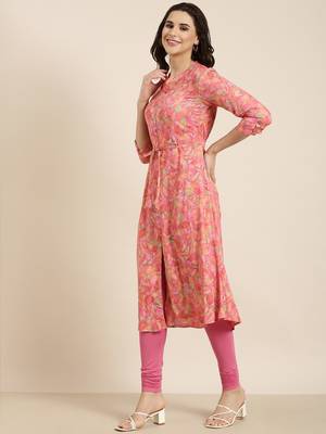 women's calf length mandarin collar pink floral a-line kurta 3