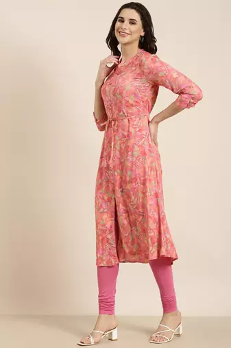 women's calf length mandarin collar pink floral a-line kurta