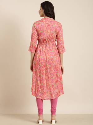women's calf length mandarin collar pink floral a-line kurta 4