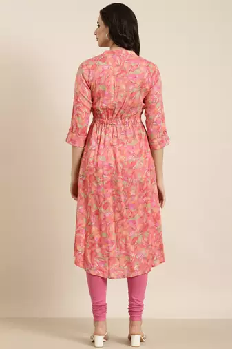women's calf length mandarin collar pink floral a-line kurta