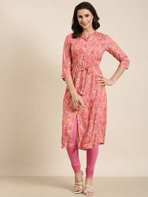 women's calf length mandarin collar pink floral a-line kurta 5