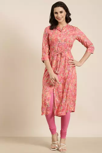 women's calf length mandarin collar pink floral a-line kurta