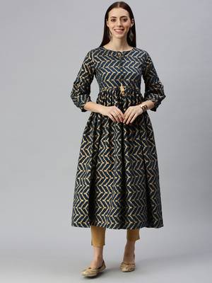 women's calf length keyhole neck navy blue chevron a-line kurta 1