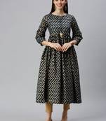 women's calf length keyhole neck navy blue chevron a-line kurta