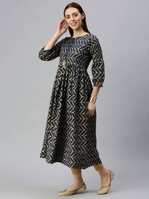 women's calf length keyhole neck navy blue chevron a-line kurta 2