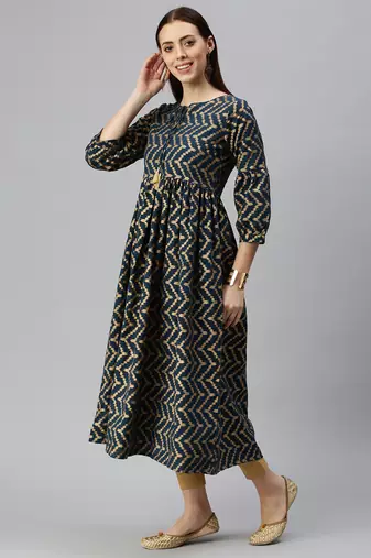 women's calf length keyhole neck navy blue chevron a-line kurta