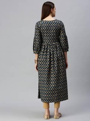 women's calf length keyhole neck navy blue chevron a-line kurta 3