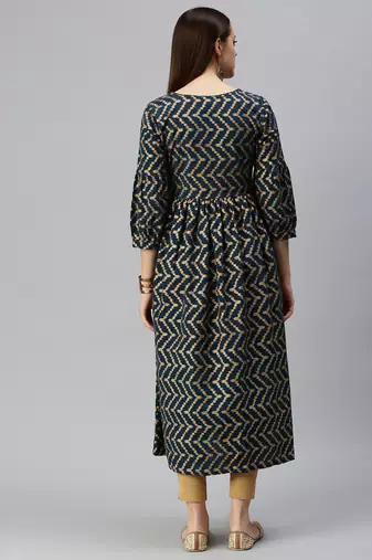 women's calf length keyhole neck navy blue chevron a-line kurta