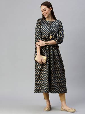 women's calf length keyhole neck navy blue chevron a-line kurta 4