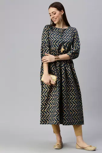 women's calf length keyhole neck navy blue chevron a-line kurta