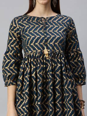 women's calf length keyhole neck navy blue chevron a-line kurta 5